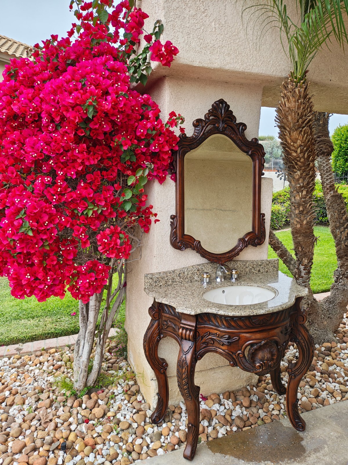 Exquisite Hand-Carved Mahogany Vanity with Granite Top – Rare Baroque Style