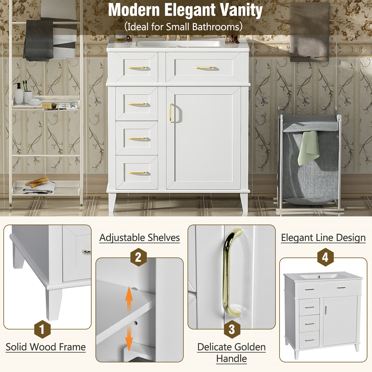 30″ Bathroom Vanity w/Sink, 3 Drawers, Freestanding Vanity Cabinet, Adjust Shelf