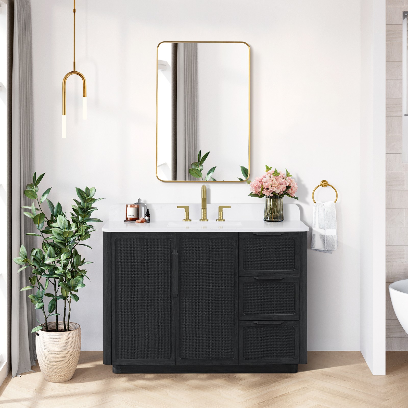 Busan 48″ Single Bath Vanity in Oak Classic Black with White Quartz Stone Top