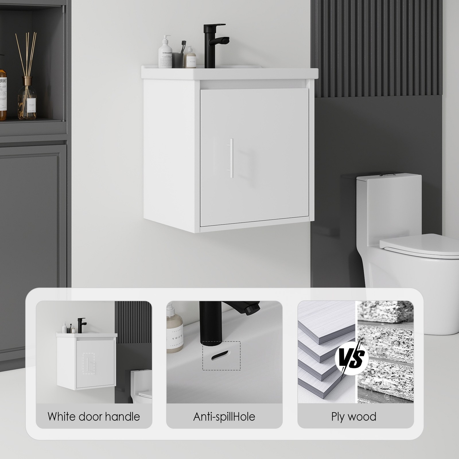20″ Floating Bathroom Vanity Combo Wall Mounted Plywood Cabinet White