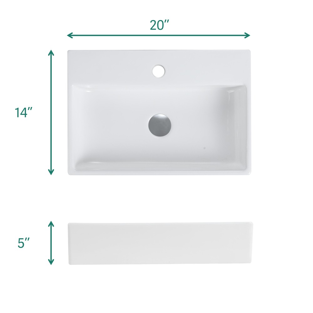20″x14″ Gloss White Ceramic Bathroom Sink Integrated Design with 1 Faucet Hole