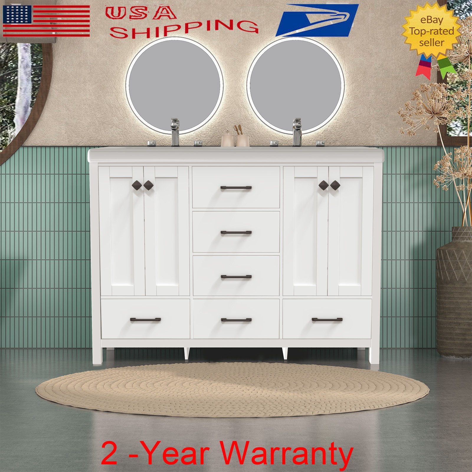 Bathroom Vanity Double Sink Ceramic Freestanding Storage Cabinet Drawers White