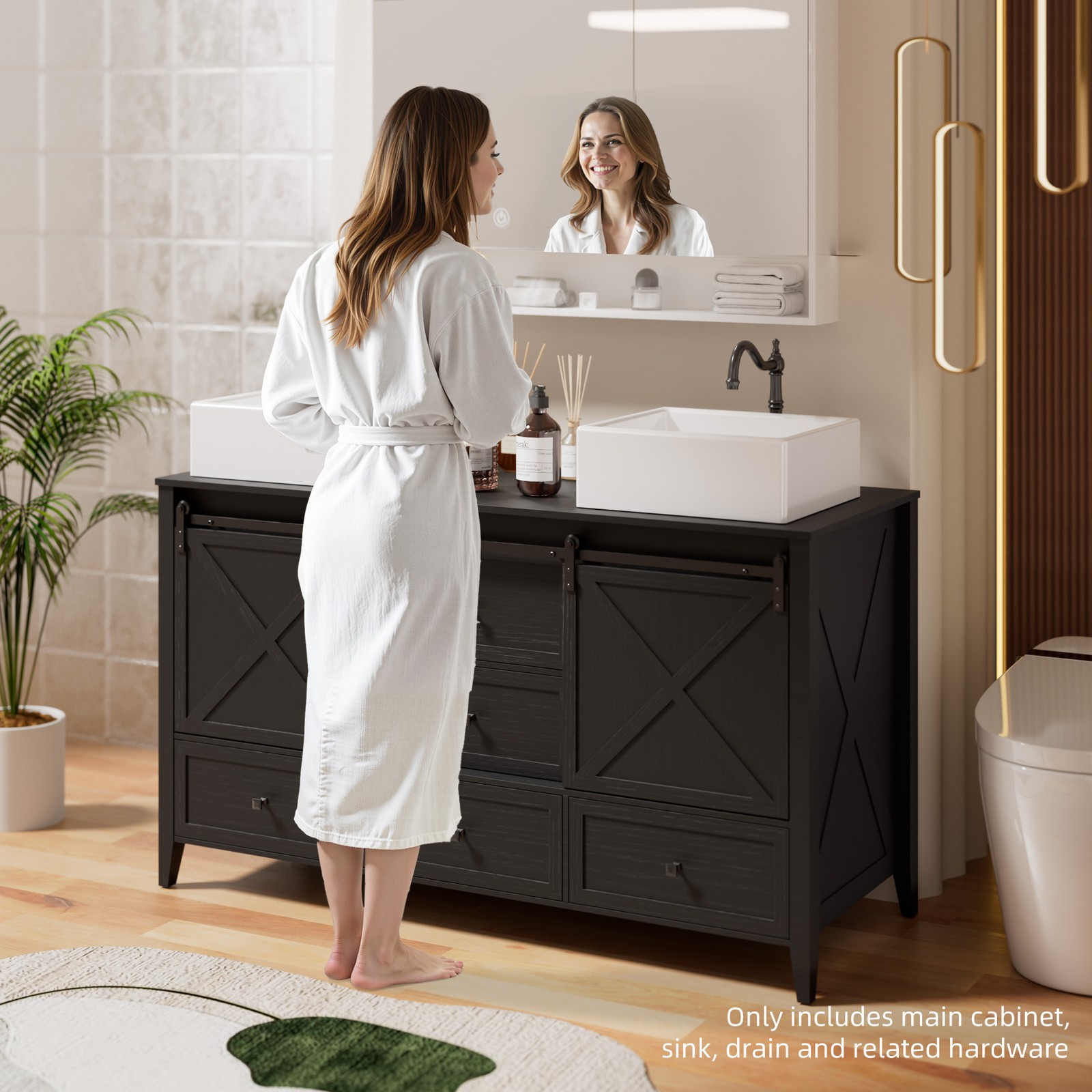 60-inch Bathroom Vanity Cabinet Double Vessel Sink Top Sink Cabinet Modern Wood
