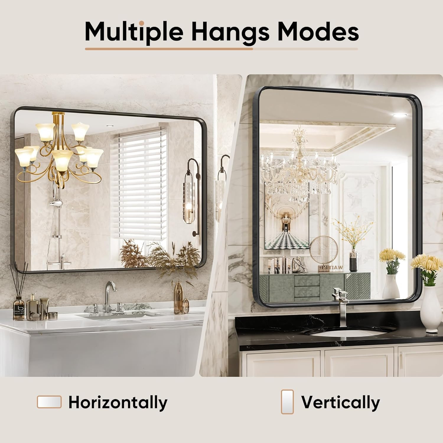 Black Metal Framed Vanity Rounded Rectangle Bathroom Mirrors for over Sink Wall,