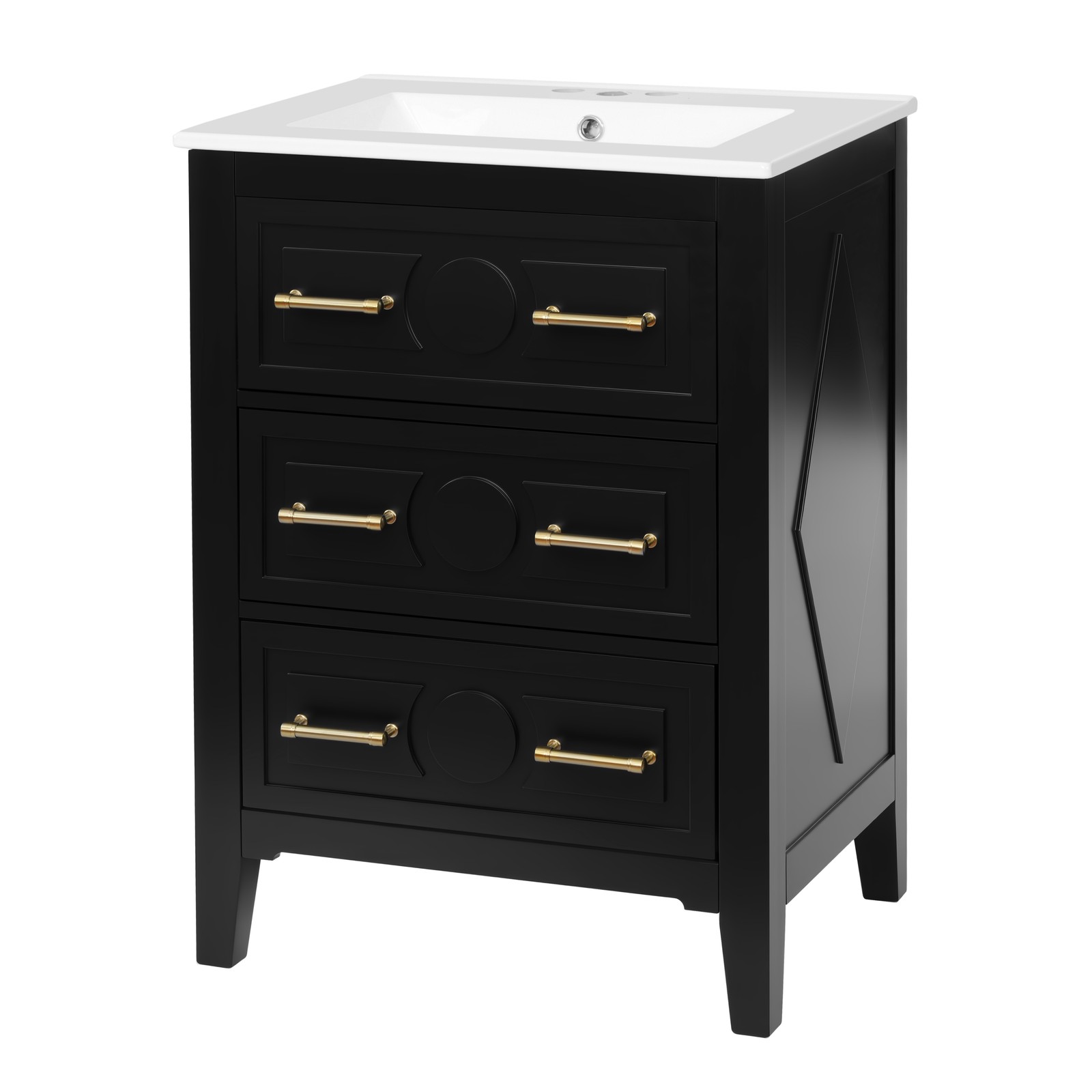 24” Bathroom Vanity with Ceramic Sink, 3 Drawers, Solid Wood Frame Retro Black