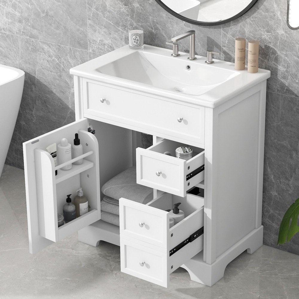 30 Inch White Bathroom Vanity with Ceramic Sink Top Solid Wood MDF Cabinet
