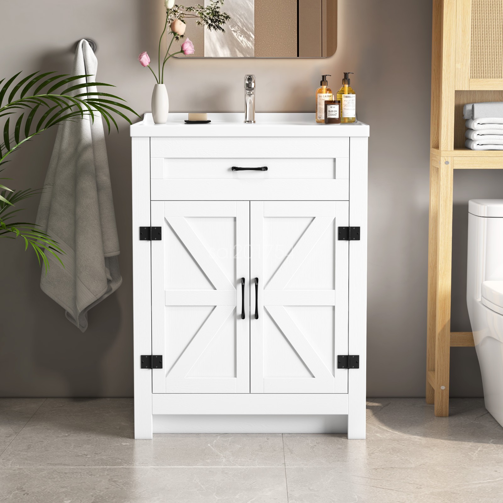Bathroom Vanity Ceramic Single Basin Vanity Freestanding Vanity Cabinet 35.4Inch