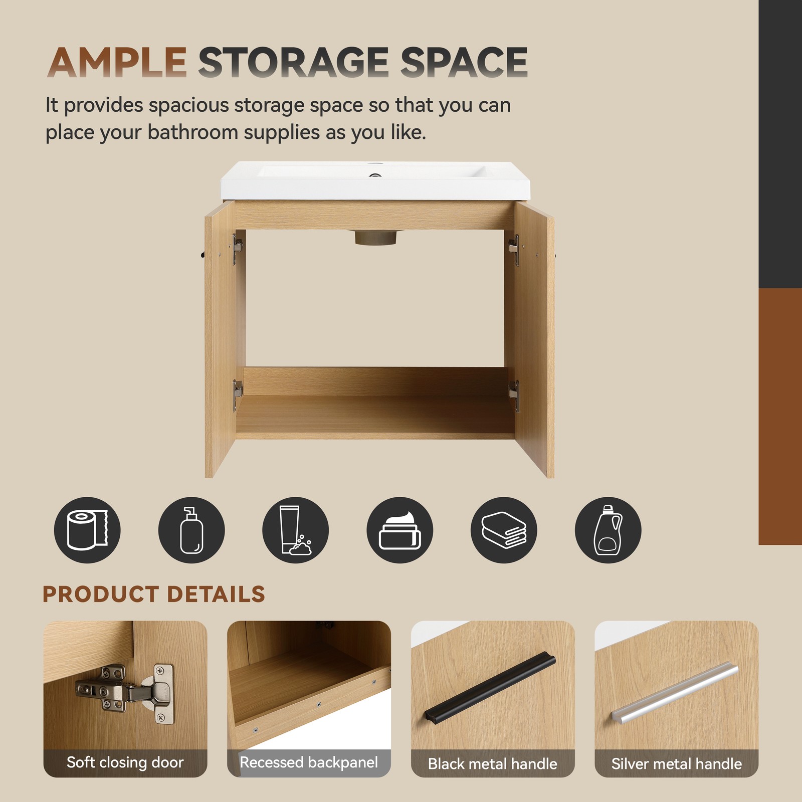 24″ Floating Bathroom Vanity with Sink, Light Oak Cabinet, Wall Mounted