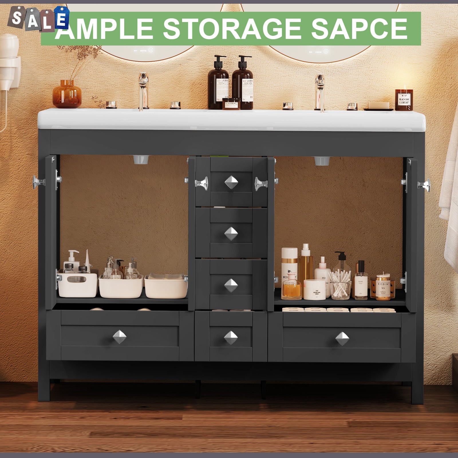 5 Drawers Bathroom Vanity Cabinet with Double Sink Ceramic Freestanding