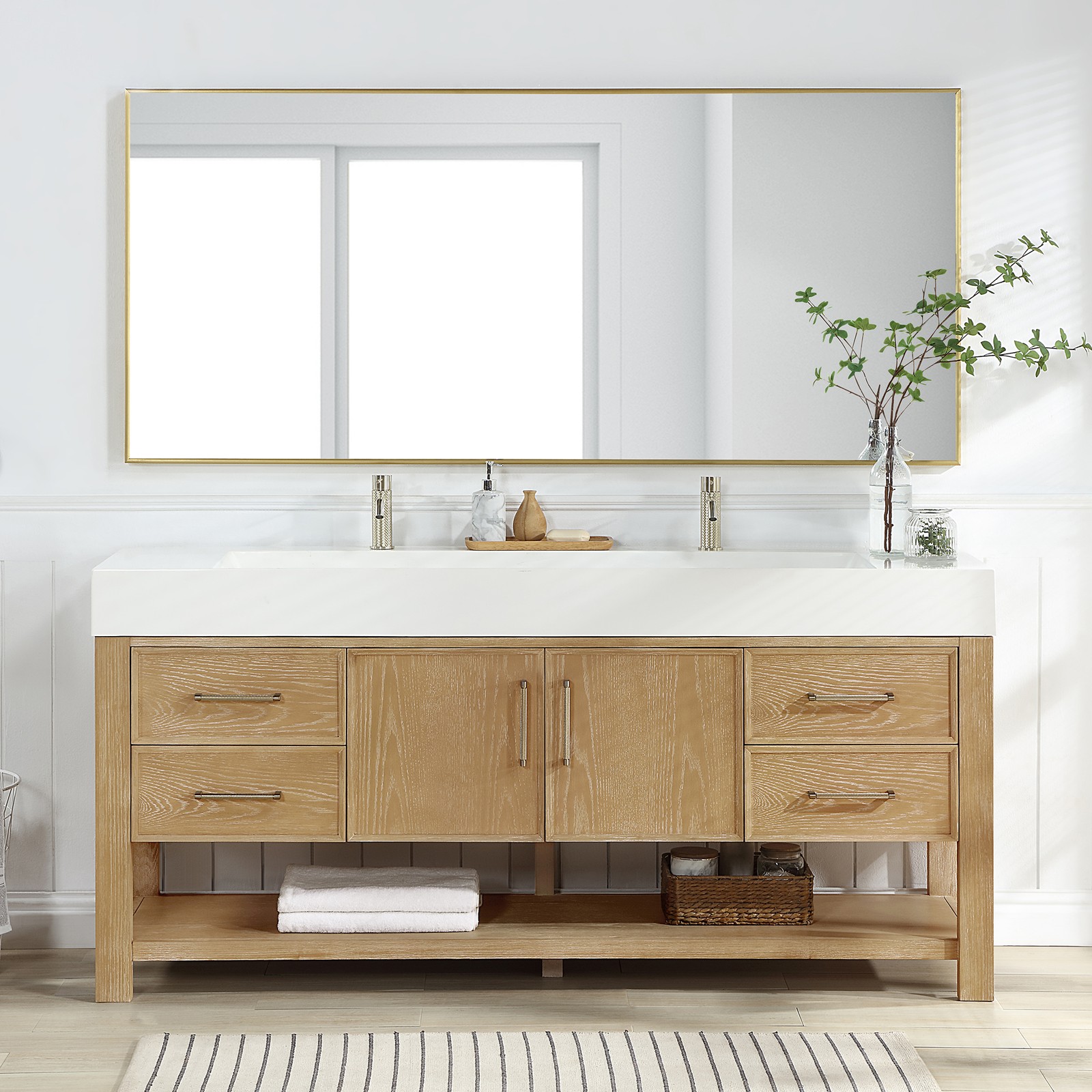Vera 72″ Single Bath Vanity in Washed Ash Grey with White Integrated Stone Sink