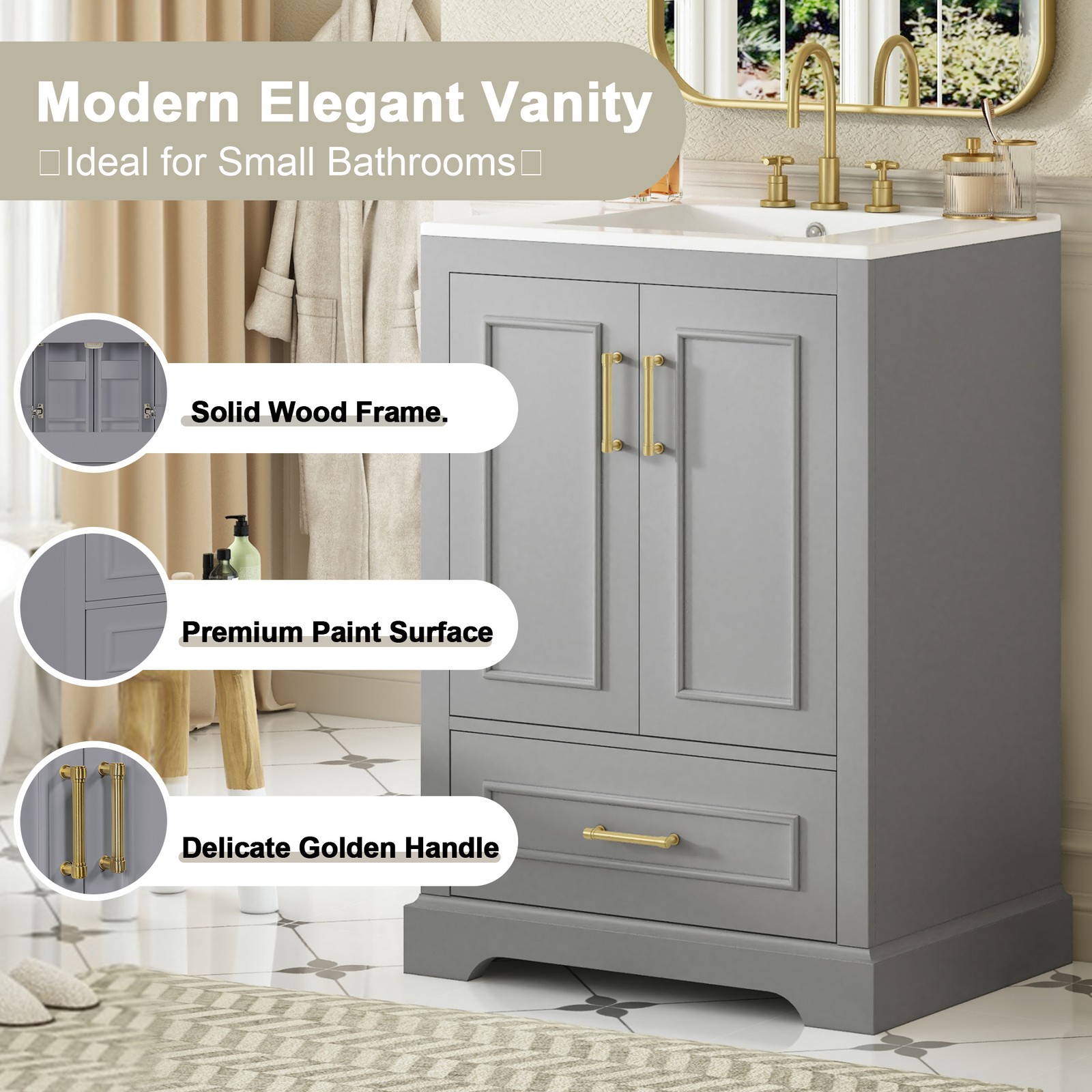 Modern 24″ Bathroom Vanity with Sink, MDF Cabinet & Solid Wood Frame Gray
