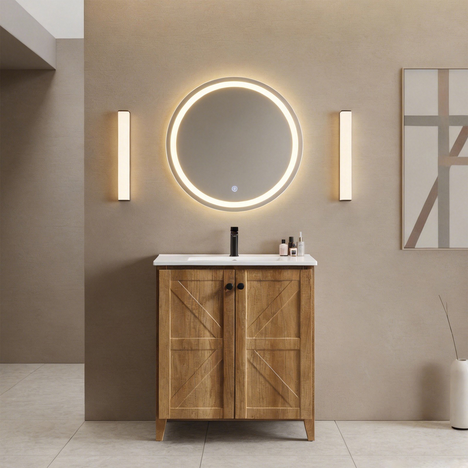 30″ Golden Oak Folding Floor Cabinet With Ceramic Sink Modern Storage Cabinet