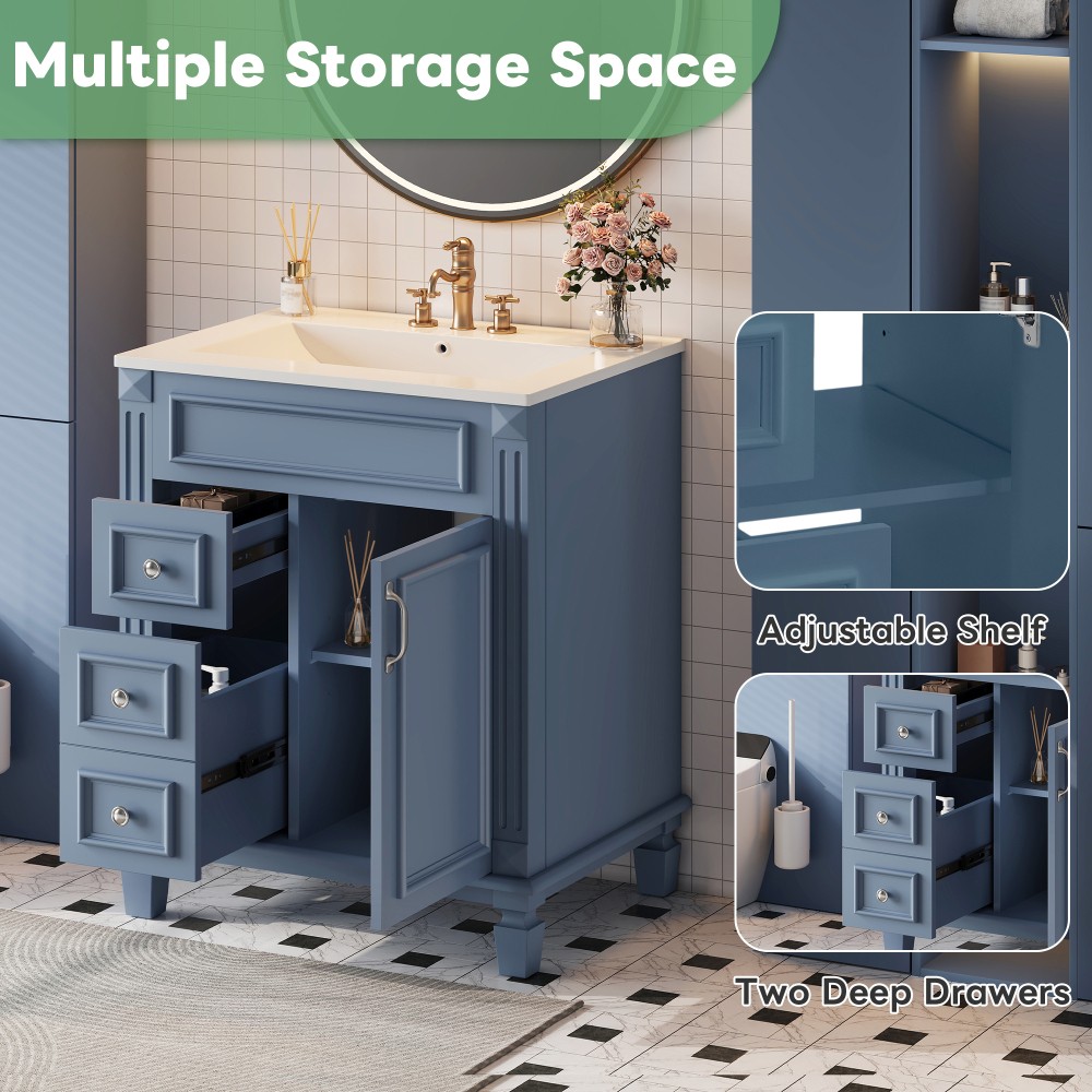 24 Inch Modern Blue Bathroom Vanity with Ceramic Sink Solid Wood MDF Cabinet