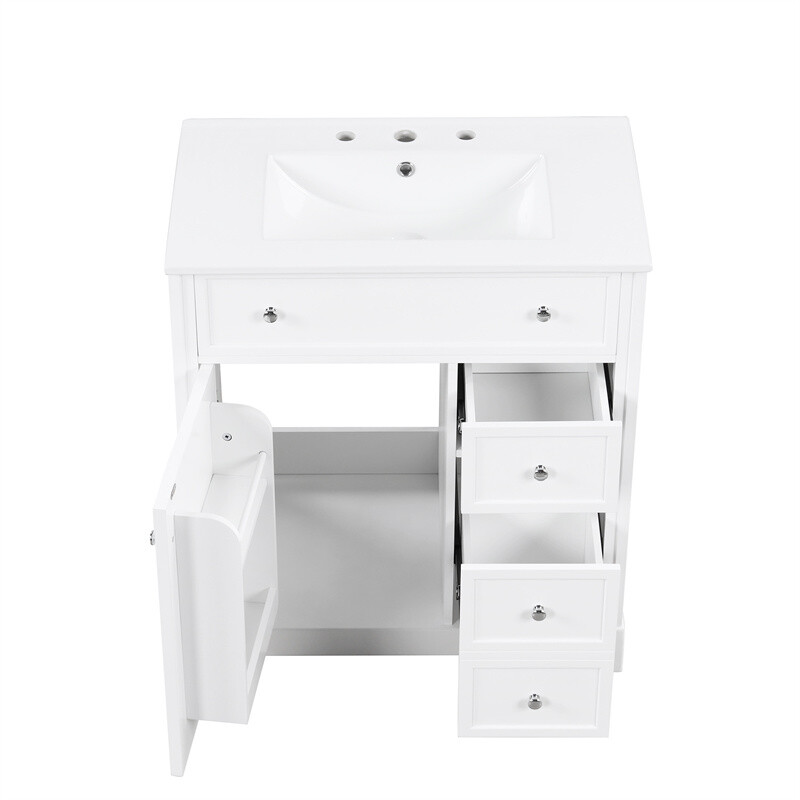 30″ White Bathroom Vanity with Ceramic Sink Set Storage Cabinet w/Door & Drawers