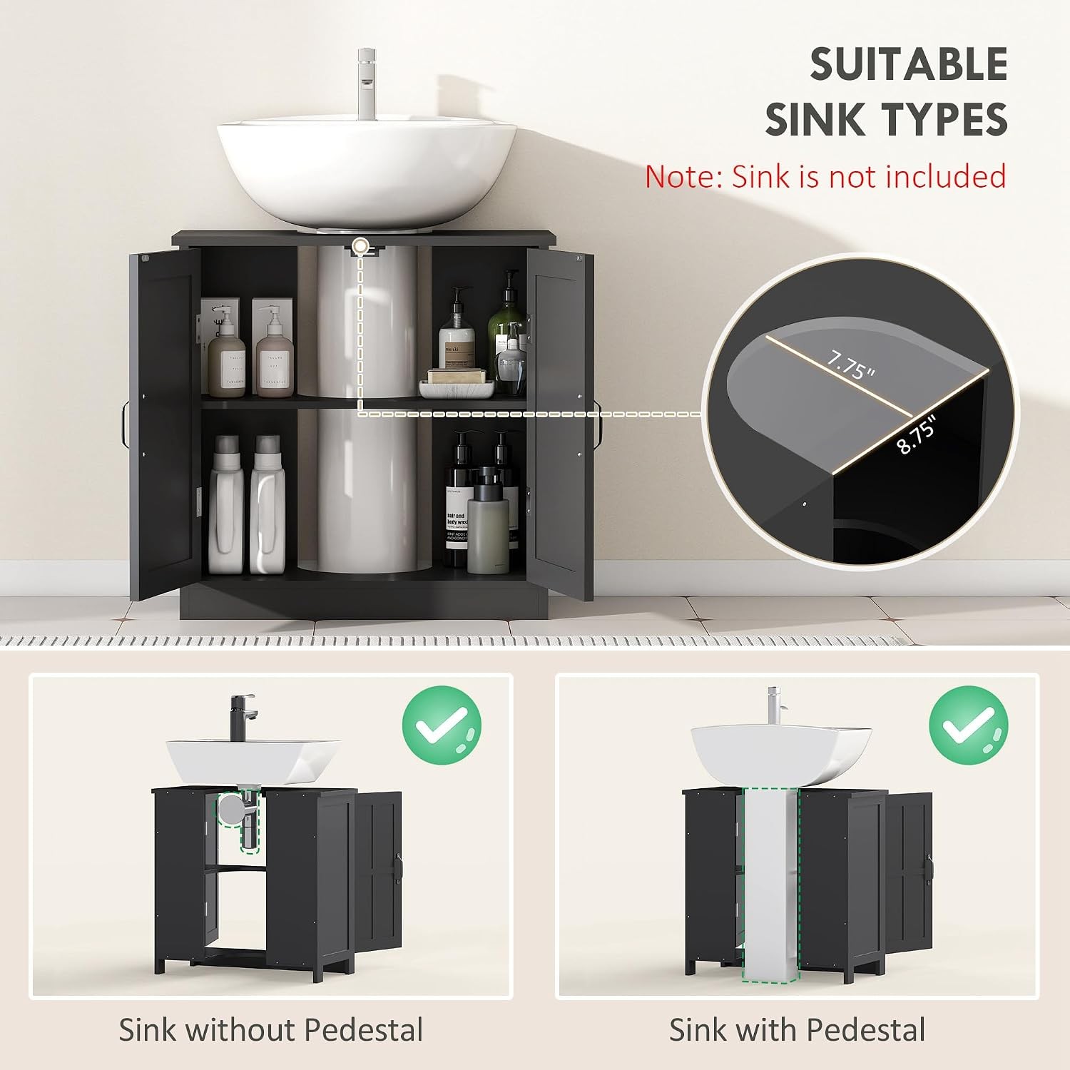 Pedestal Under Sink Storage Cabinet Black, Bathroom with U-Shape Cut-Out 2 Doors