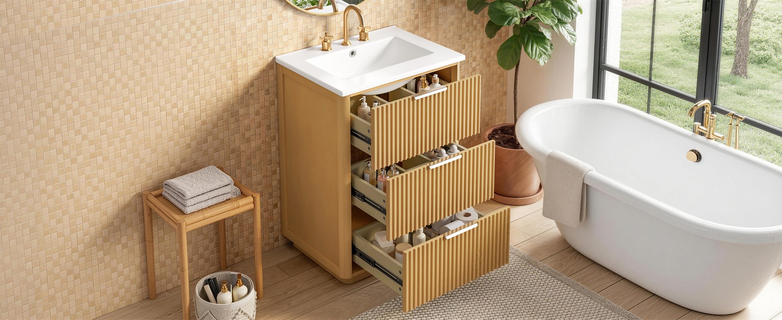 24 Inch Bathroom Vanity with Ceramic Sink, Natural Wood & Metal