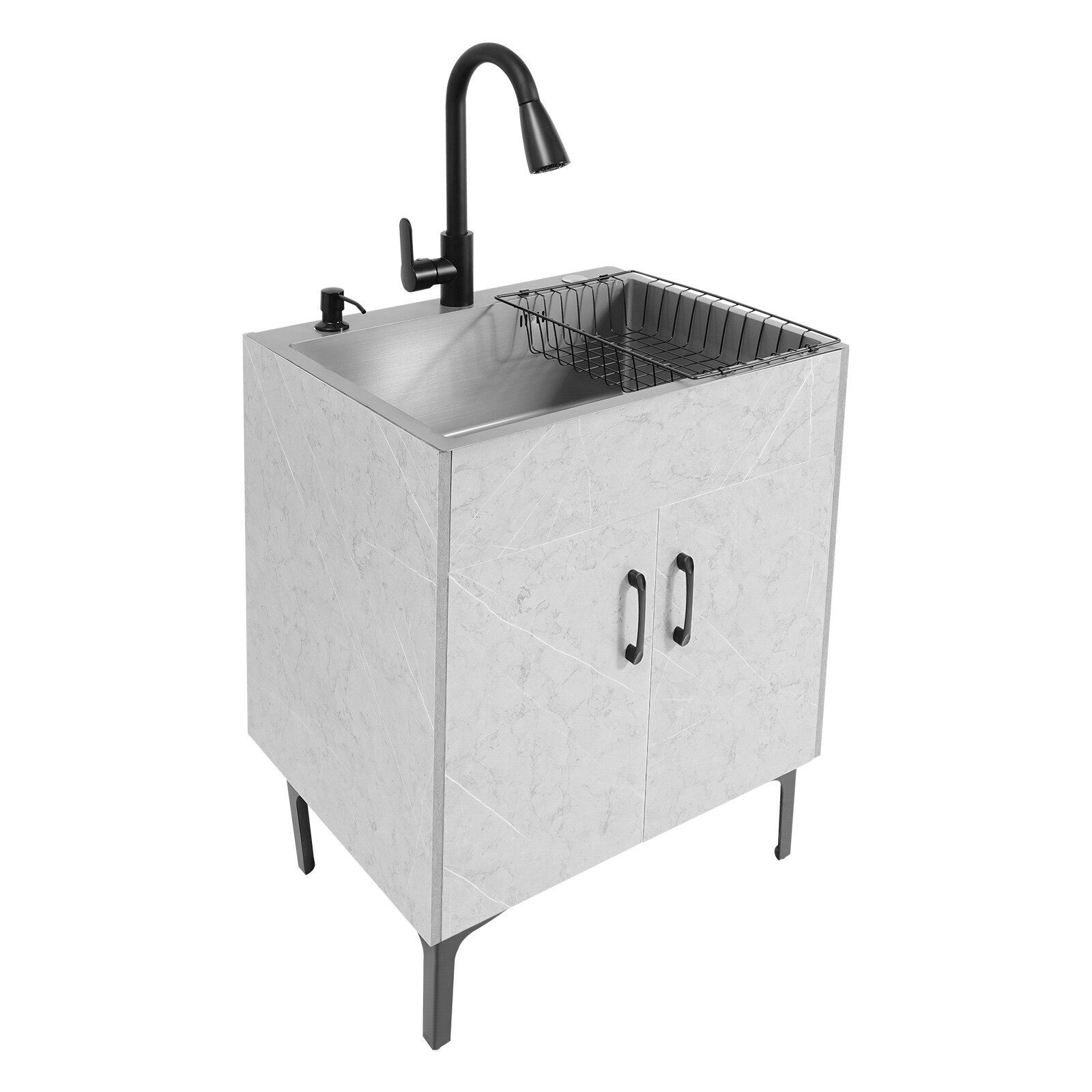 Grey Stainless Steel Sink & Freestanding Cabinet With Pull-Out Faucet