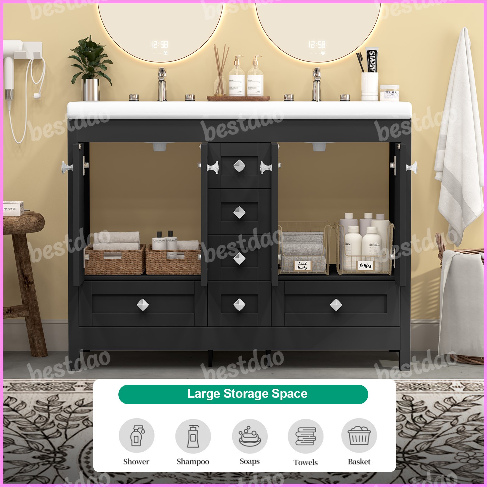 47″ Black Bathroom Vanity Cabinet w/ Double Ceramic Sinks & 2 Doors & 6 Drawers