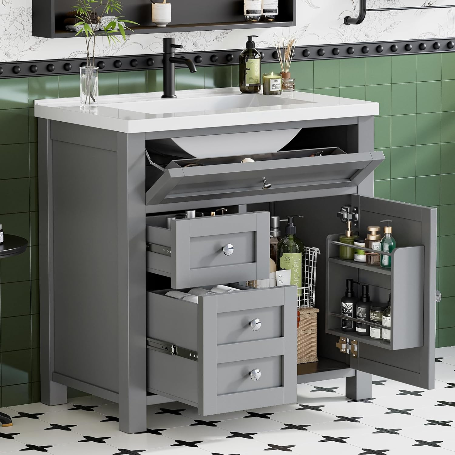 30” Grey Bathroom Vanity with Sink, Drawers & Metal Handles, Freestanding