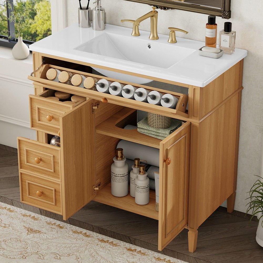 36″ Bathroom Vanity w/Sink,3 Drawers,Freestanding Storage Vanity 2 Doors Cabinet