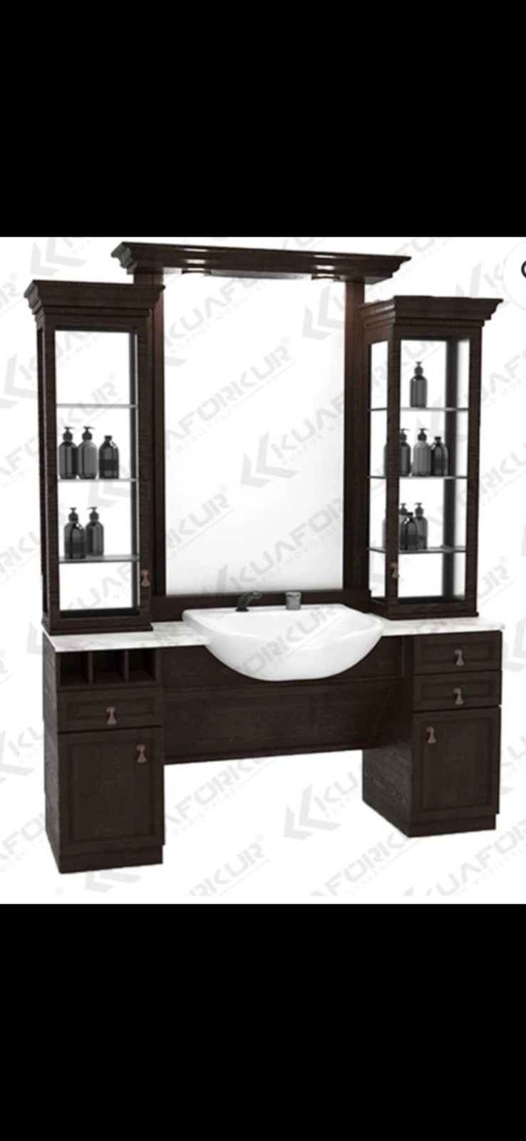 Black wood Barber Vanity/station W/White Sink, 3 Drawers,2 Doors,Shelves/Mirror