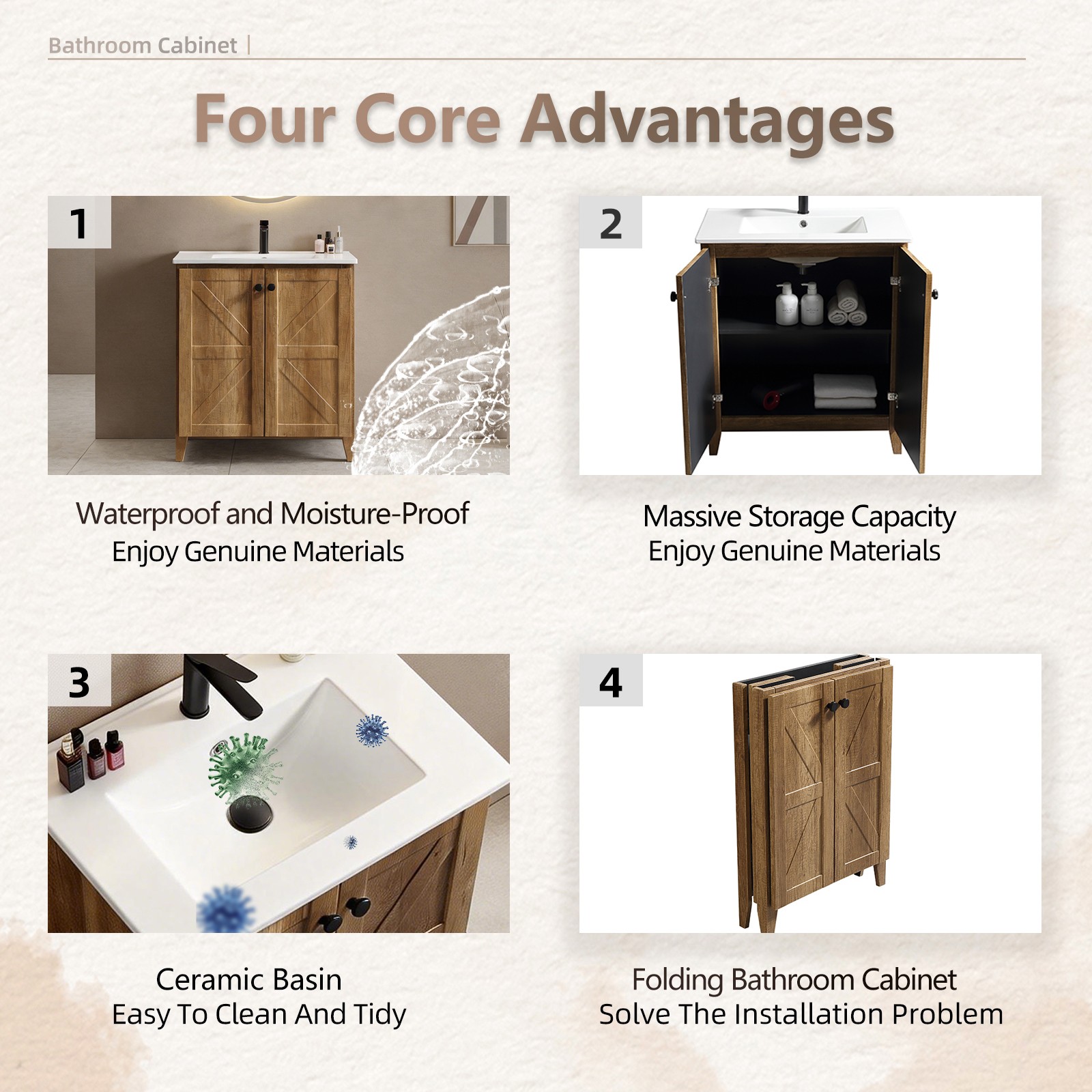 30″ Golden Oak Folding Floor Cabinet With Ceramic Sink Modern Storage Cabinet