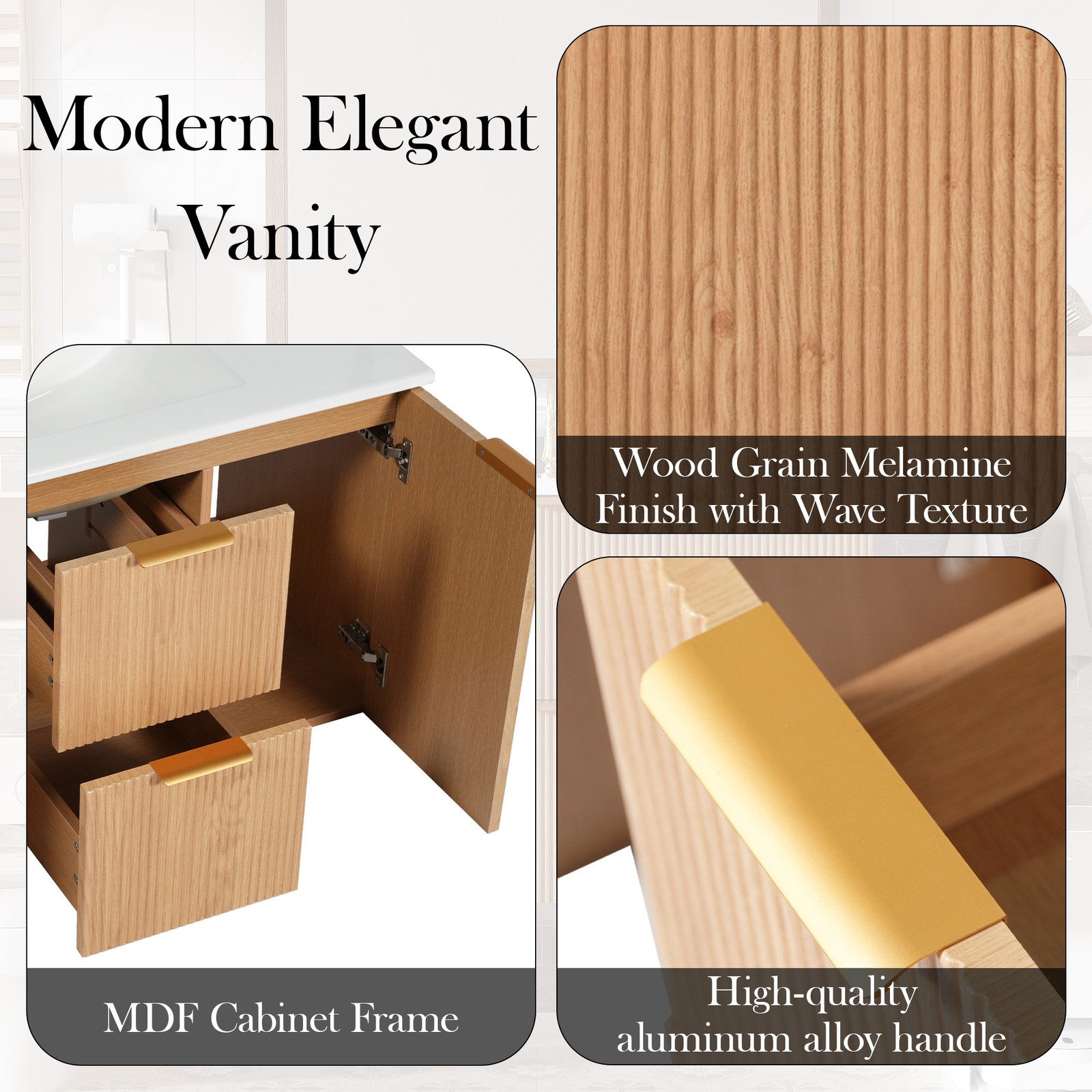36 Inch Single Sink Bathroom Vanity with Ceramic Top, MDF Cabinet