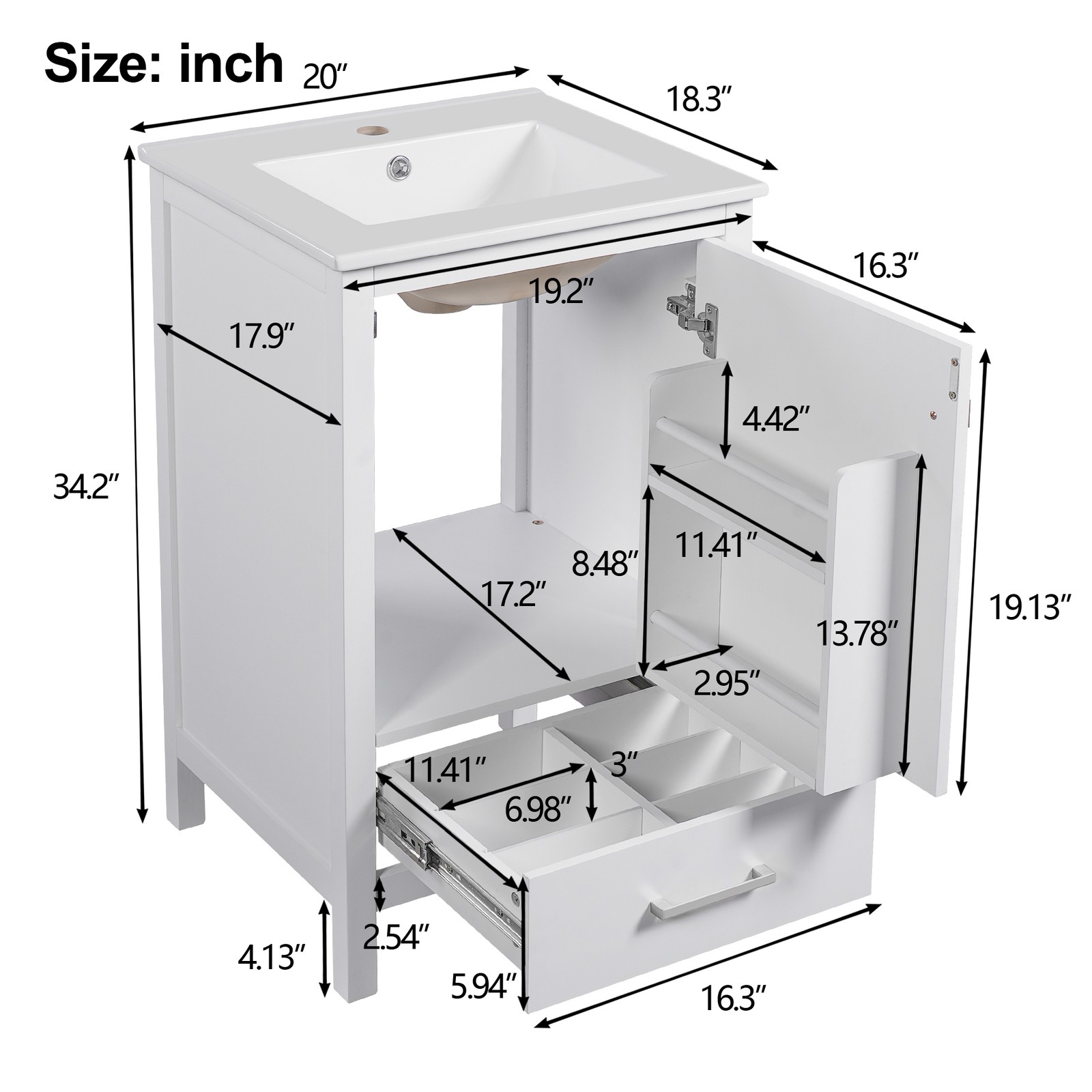 20-Inch Modern Bathroom Vanity with Ceramic Sink & Soft-Close Drawer