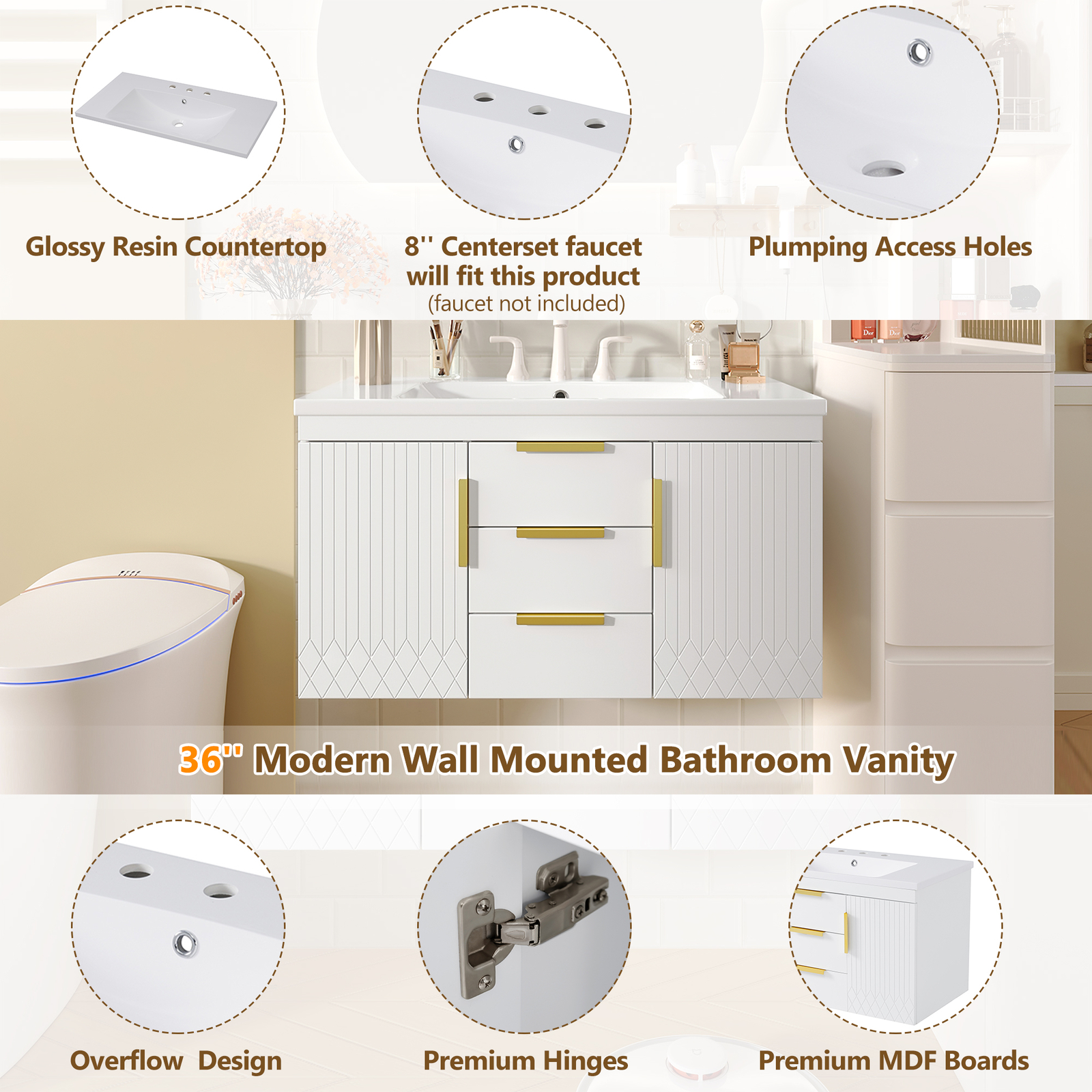36″ Wall Mounted Bathroom Vanity w/Sink, Floating Vanity Cabinet 2 Drawers Doors
