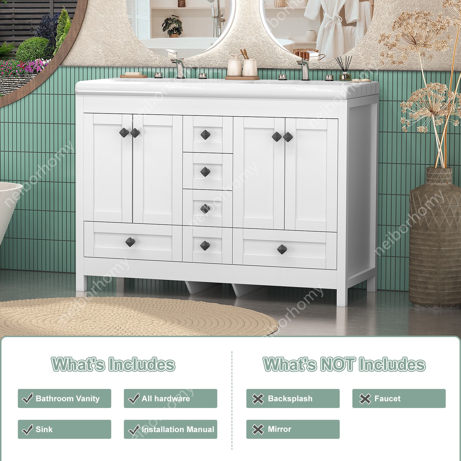 47″ White Classic Bathroom Vanity Double Ceramic Sinks Freestanding w/ 5 Drawers