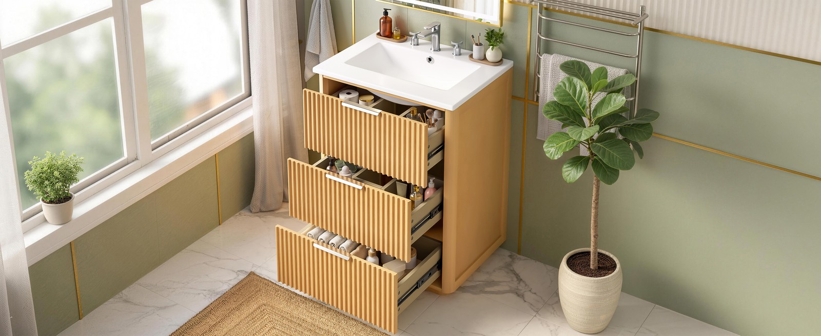 24 Inch Bathroom Vanity with Ceramic Sink, Natural Wood & Metal