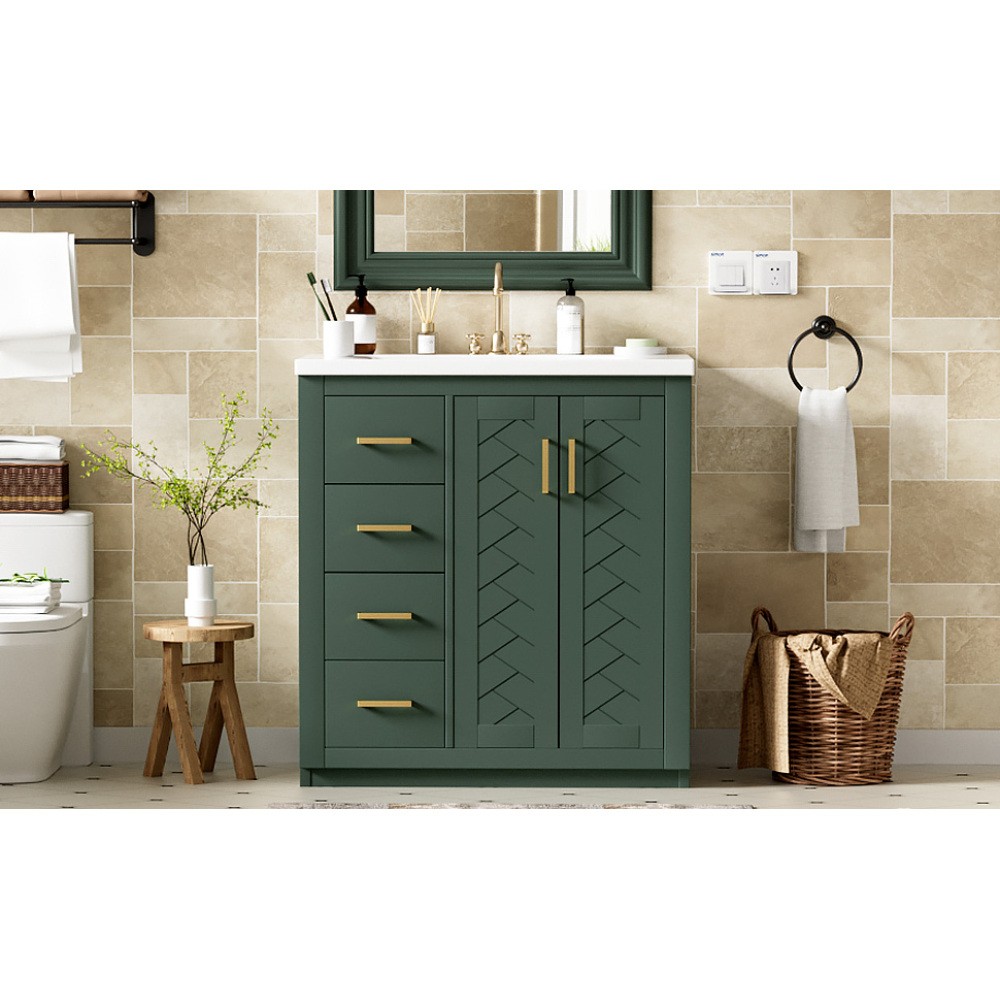 30” Bathroom Vanity with Ceramic Sink Combo,Solid Wood Frame Bathroom Storage