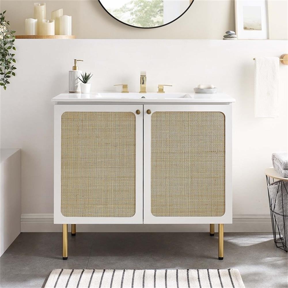 Pemberly Row 36″ Wood & Rattan Bathroom Vanity with Adjustable Shelf in White