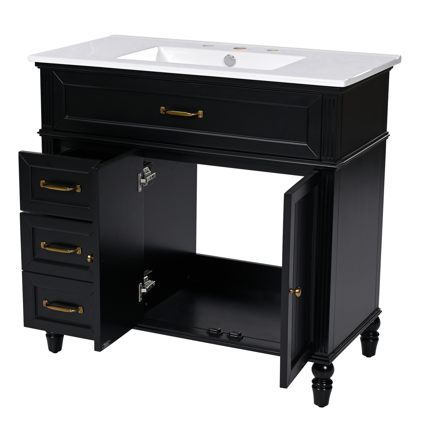 36″ Bathroom Vanity with Sink & Drawers, Black, Solid Wood Frame & MDF