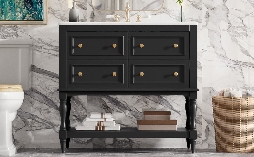 36″ Bathroom Vanity Cabinet with Sink Combo Set, 4 Drawers, Black