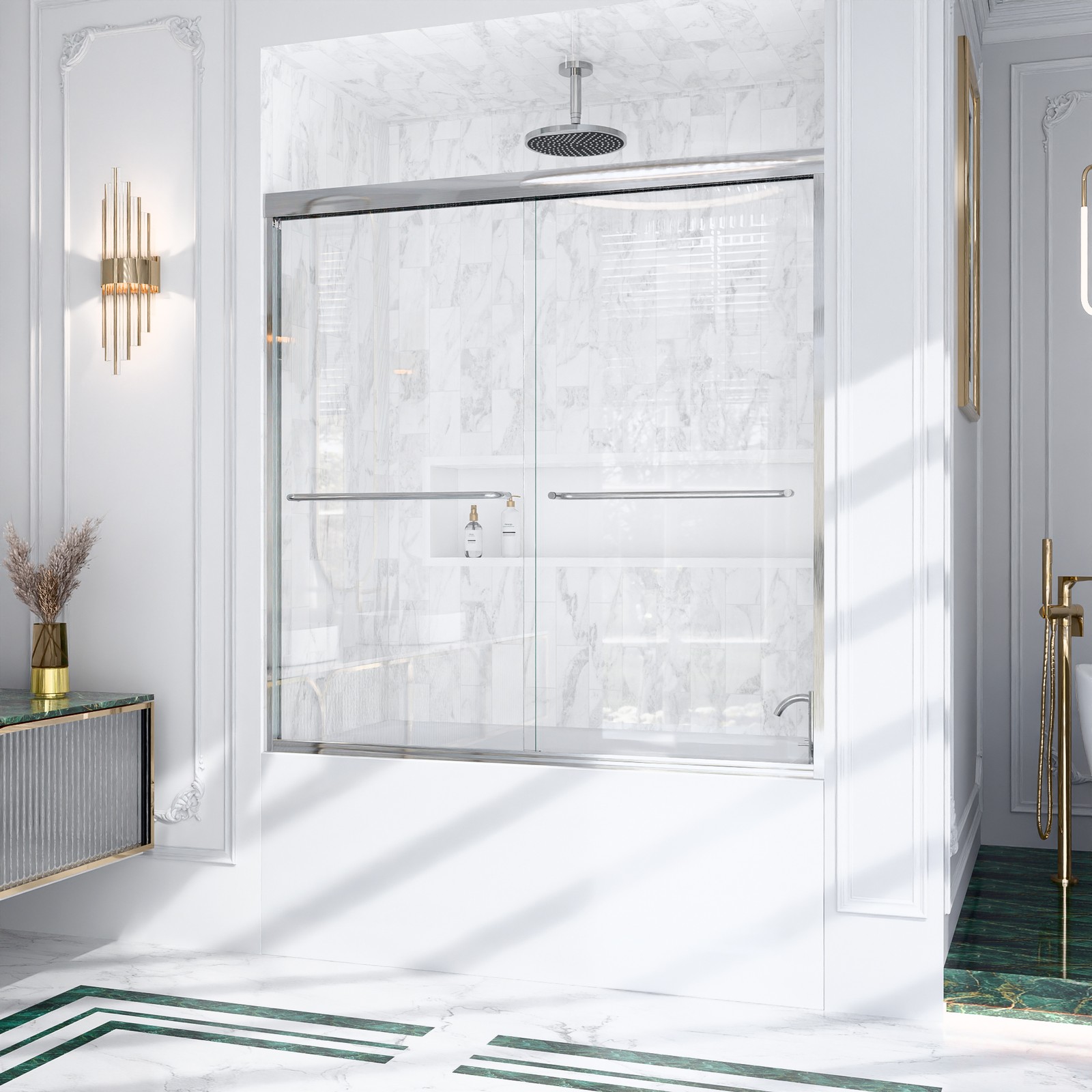 56″-60″W*60″ H Semi-Frameless Double Sliding Shower Door, Bypass Shower Door