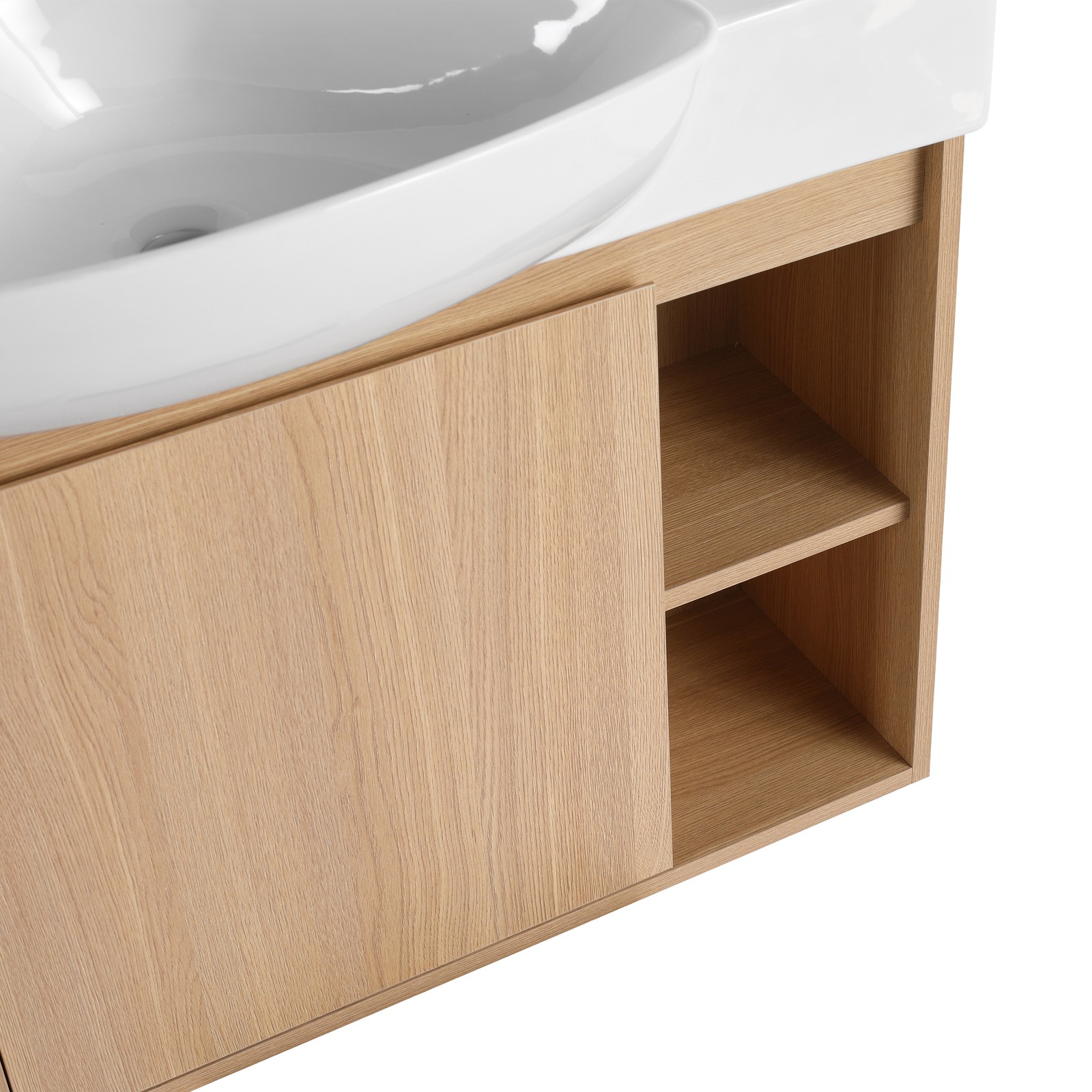 26in Plywood Wall-Mounted Bathroom Vanity W/ Ceramic Sink Basin Door Shelf Oak