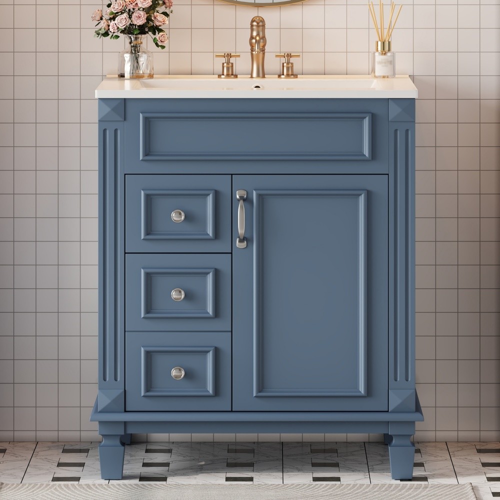 24 Inch Modern Blue Bathroom Vanity with Ceramic Sink Solid Wood MDF Cabinet