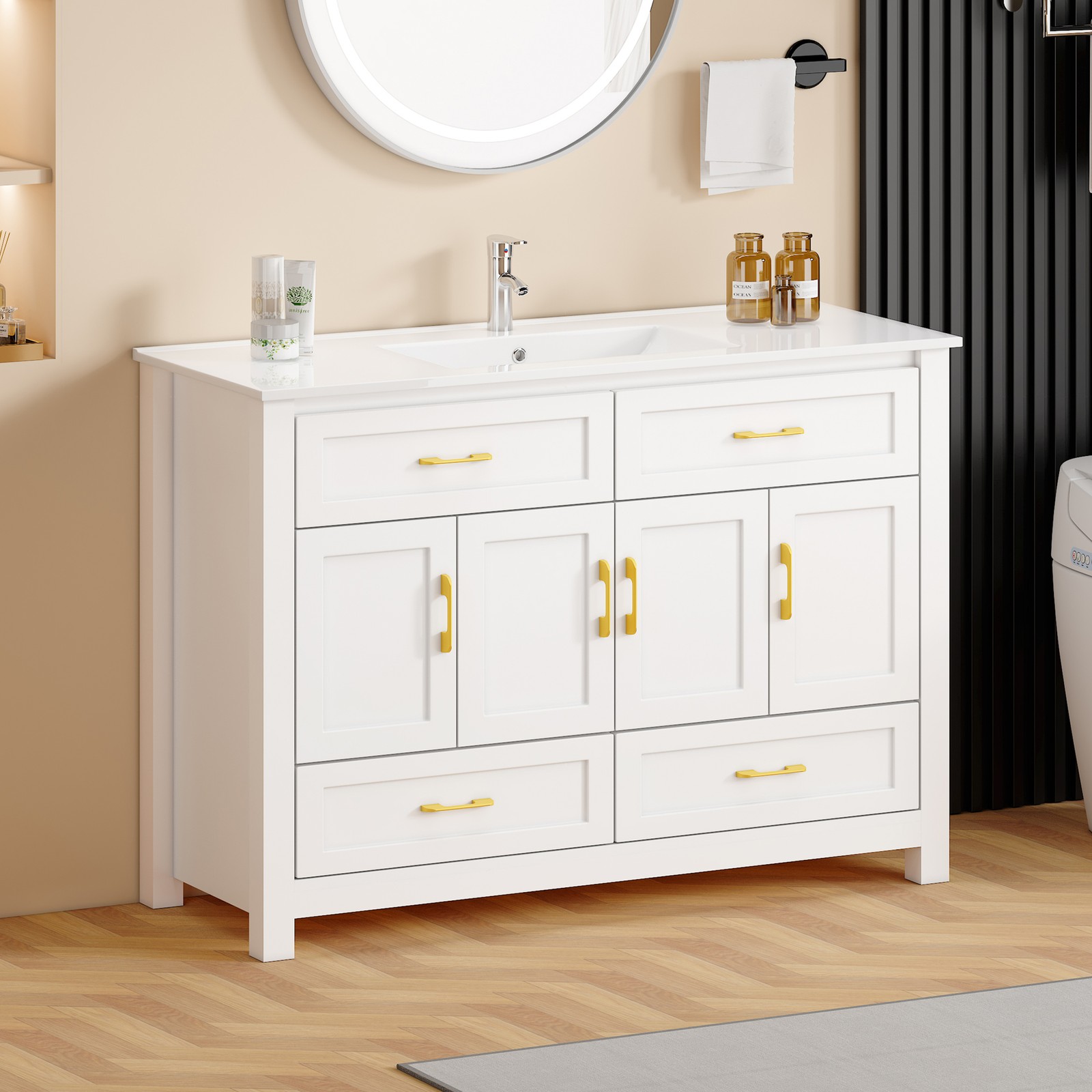 Modern 48″ White Bathroom Vanity with Resin sink Combo, Abundant Storage Cabinet