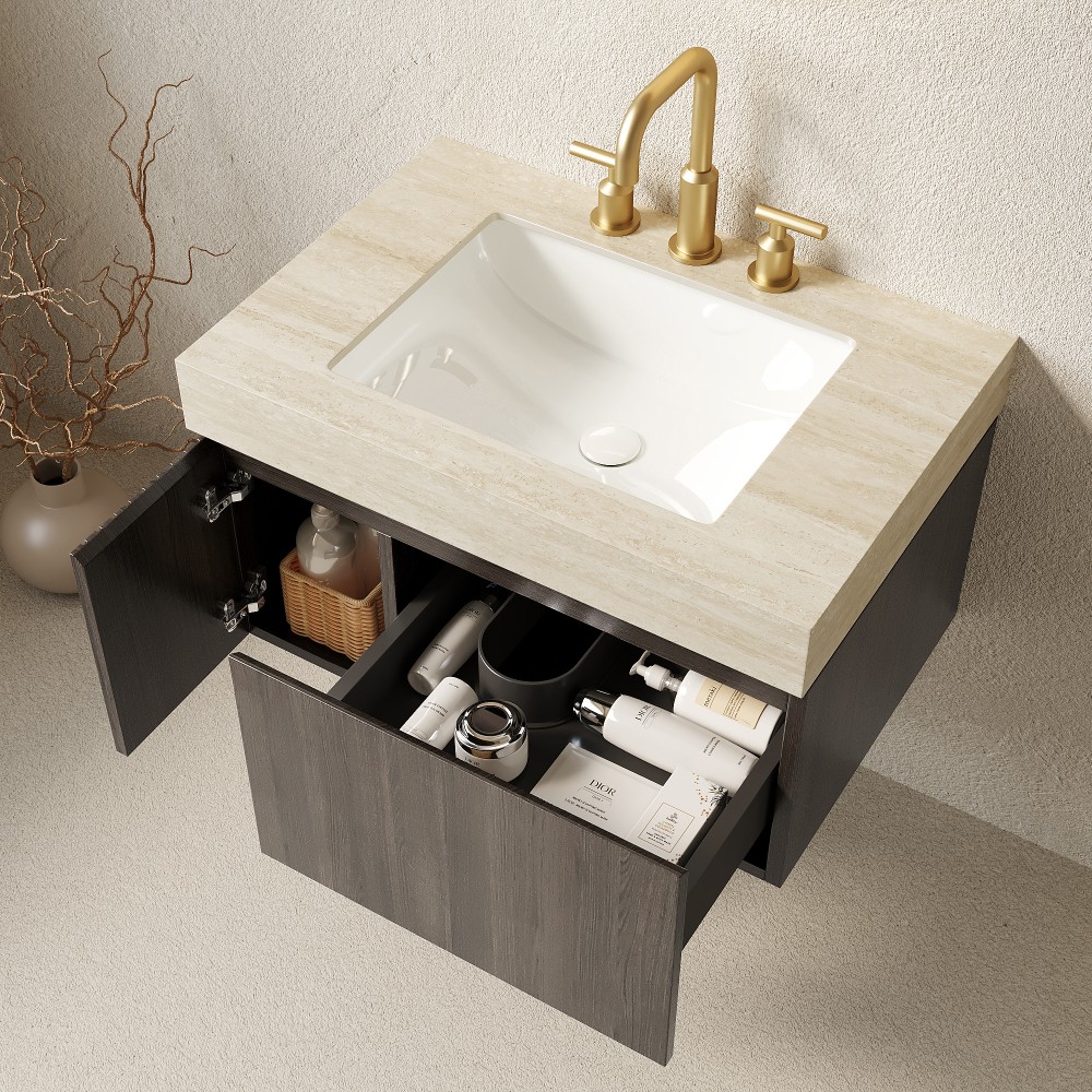 30″ Floating Vanity & Sink, Travertine Stone Top/Ceramic Basin, Drawer&Door