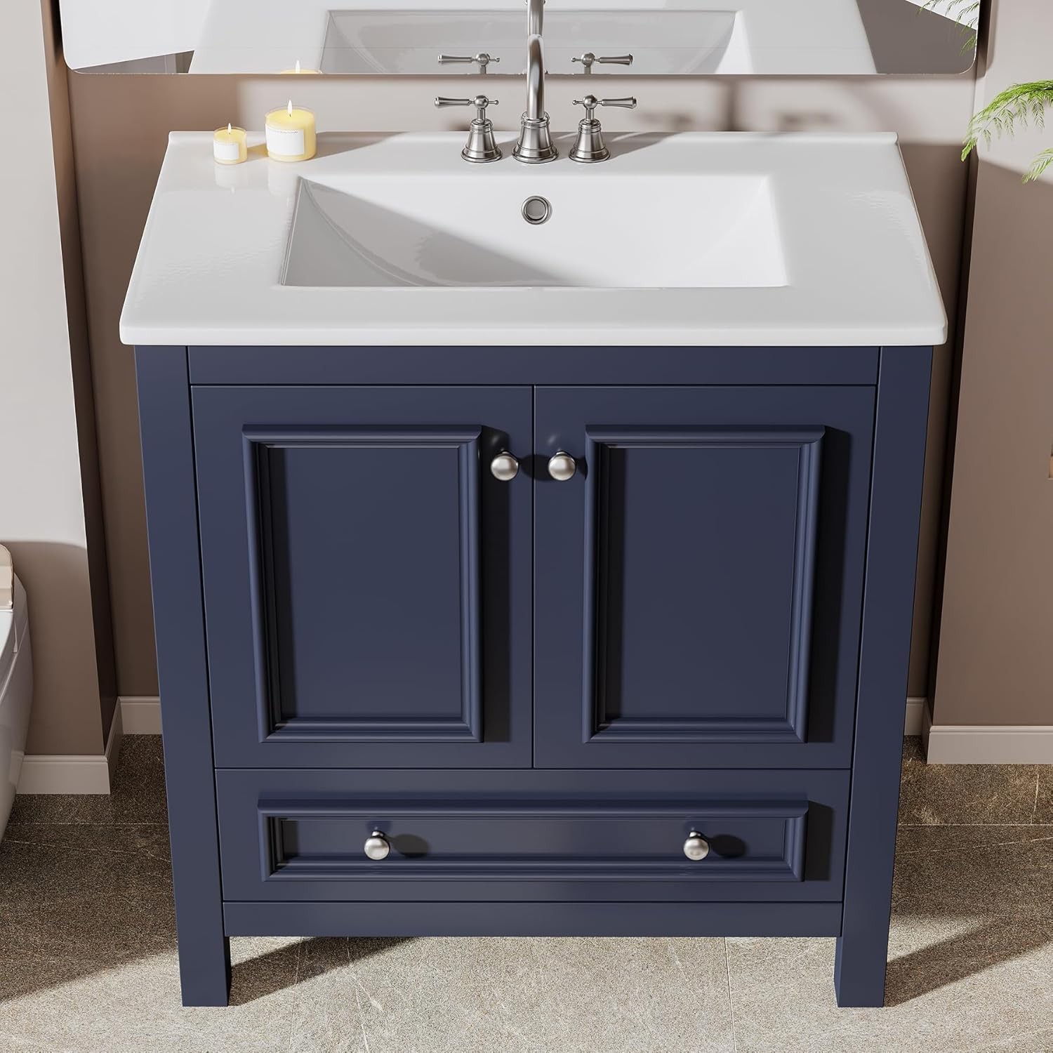 30″Bathroom Vanity Freestanding with Ceramic Sink, Storage Cabinet, Pop Up Drain