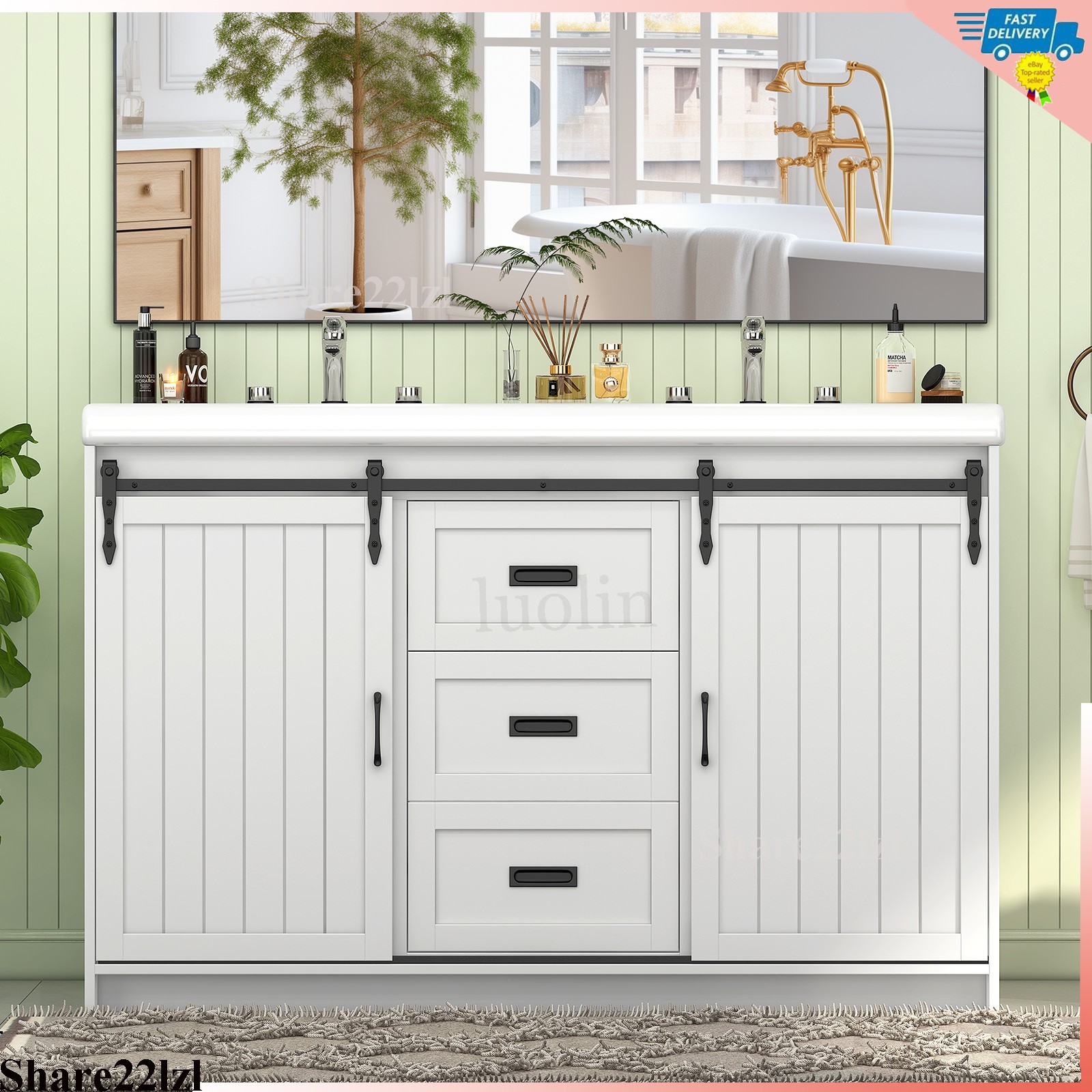 47″ Bathroom Vanity With Double Sink Cabinet Ceramic Basin Under White No Mirror