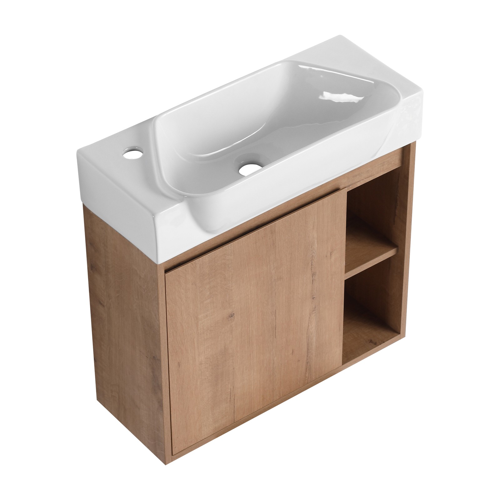 24in Plywood Wall-Mounted Bathroom Vanity W/ Ceramic Sink Basin Door Shelf Oak