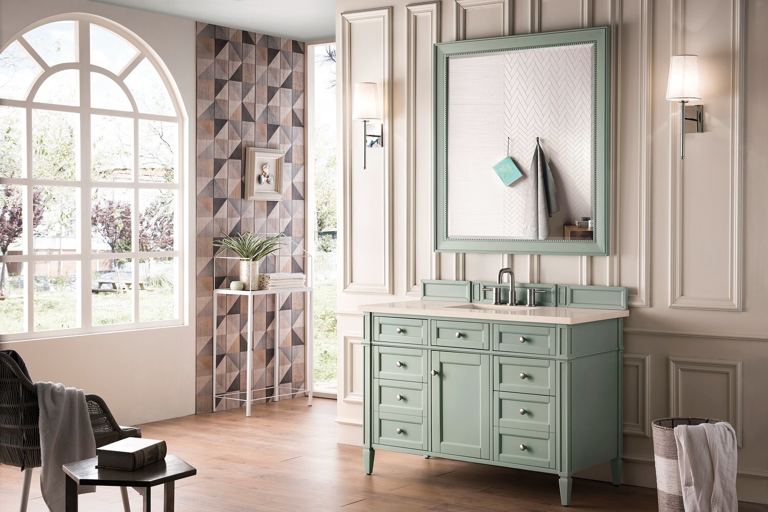 48″ James Martin Brittany Sage Green Single Bathroom Vanity + White Marble Top