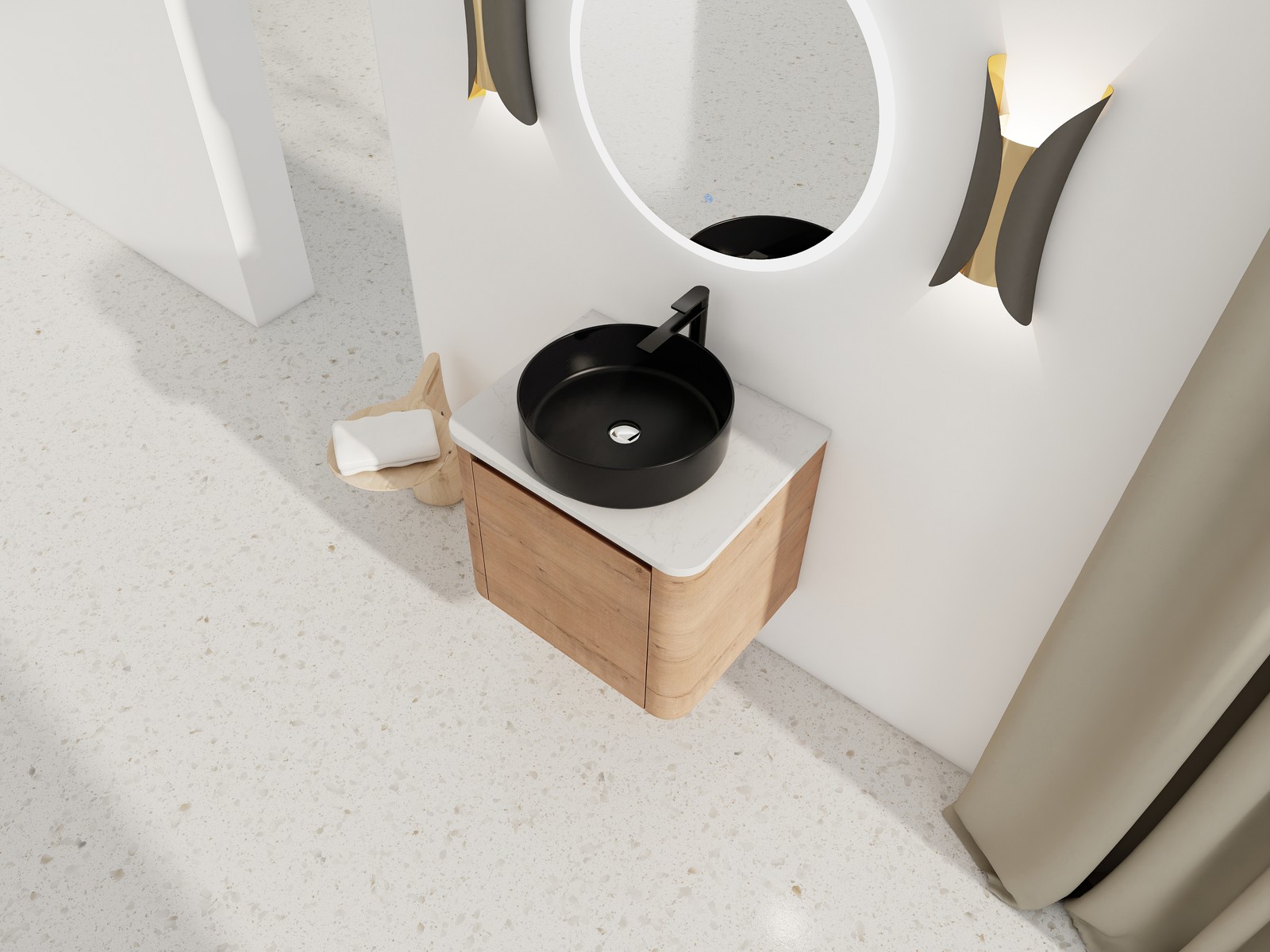 24 In Bathroom Vanity With White Flat Stone Slab Top Black Ceramic Vessel Sink