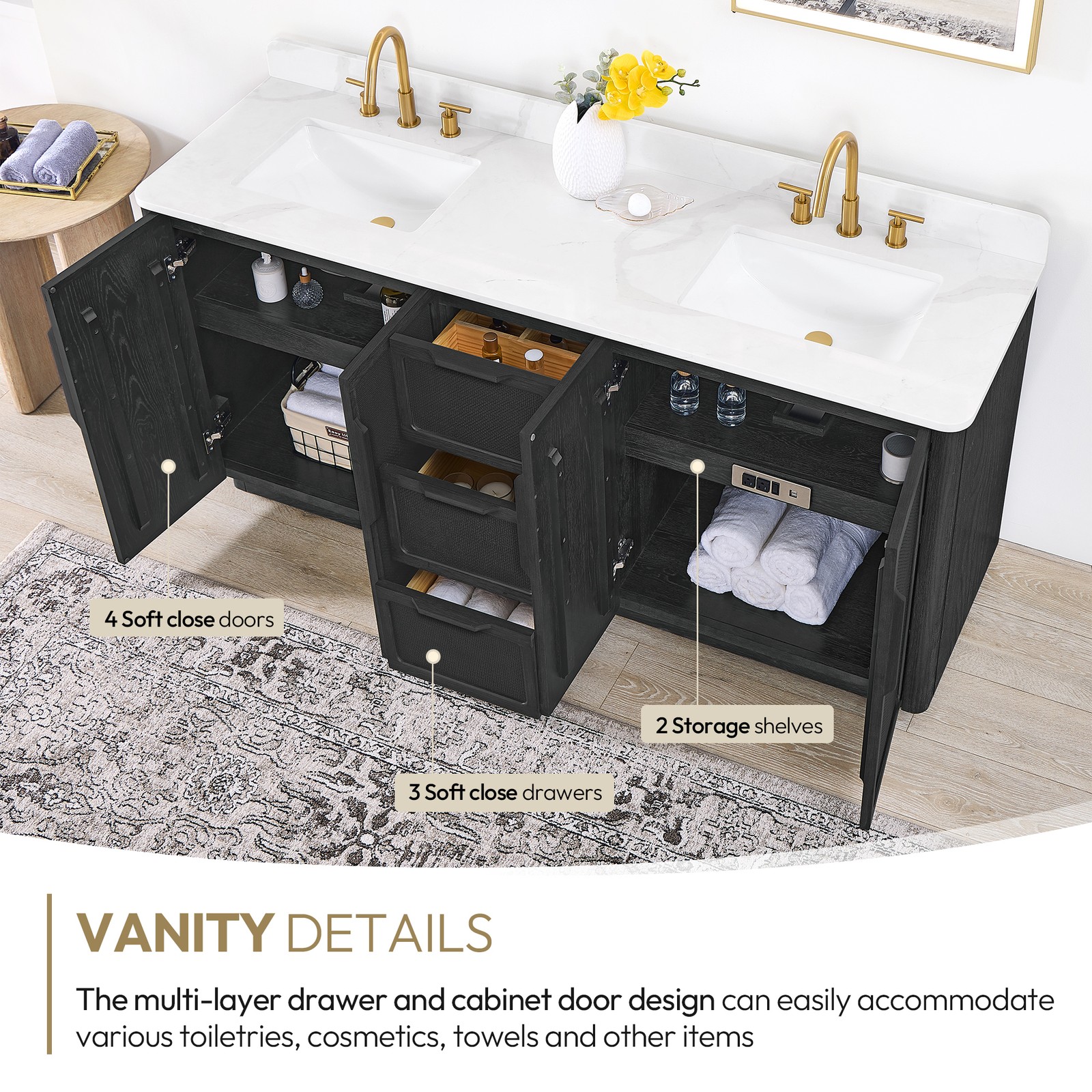 Busan 72″ Double Bath Vanity in Oak Classic Black with White Quartz Stone Top