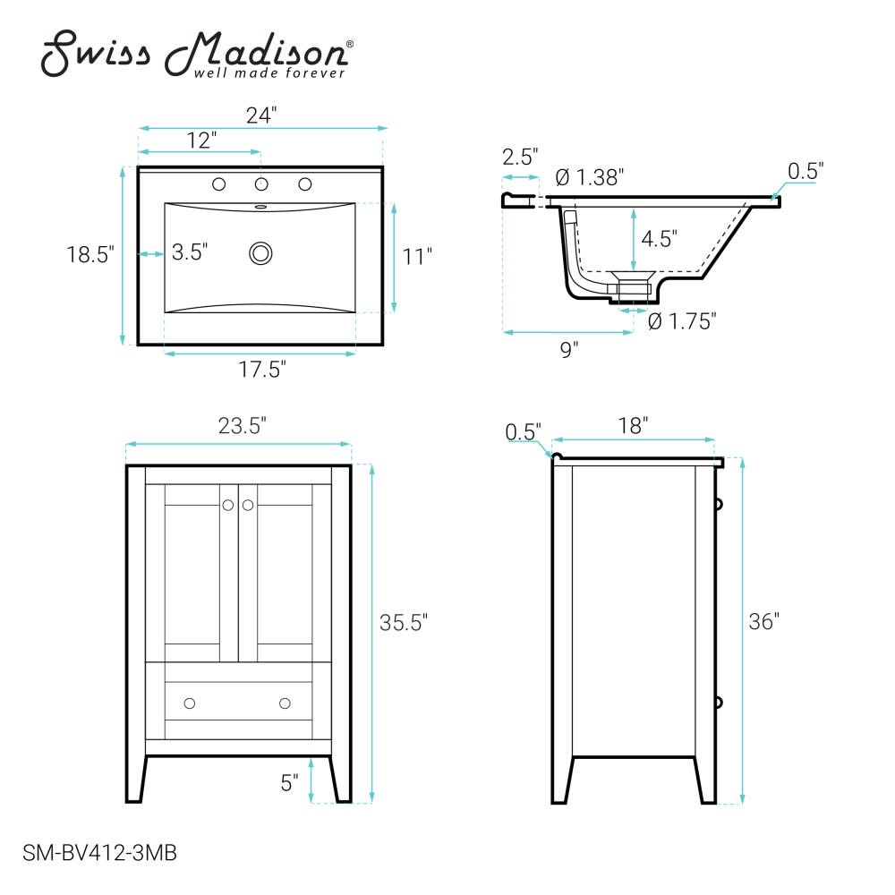 Swiss Madison SM-BV412-3MB Cannes 24″ – White / Matte Black