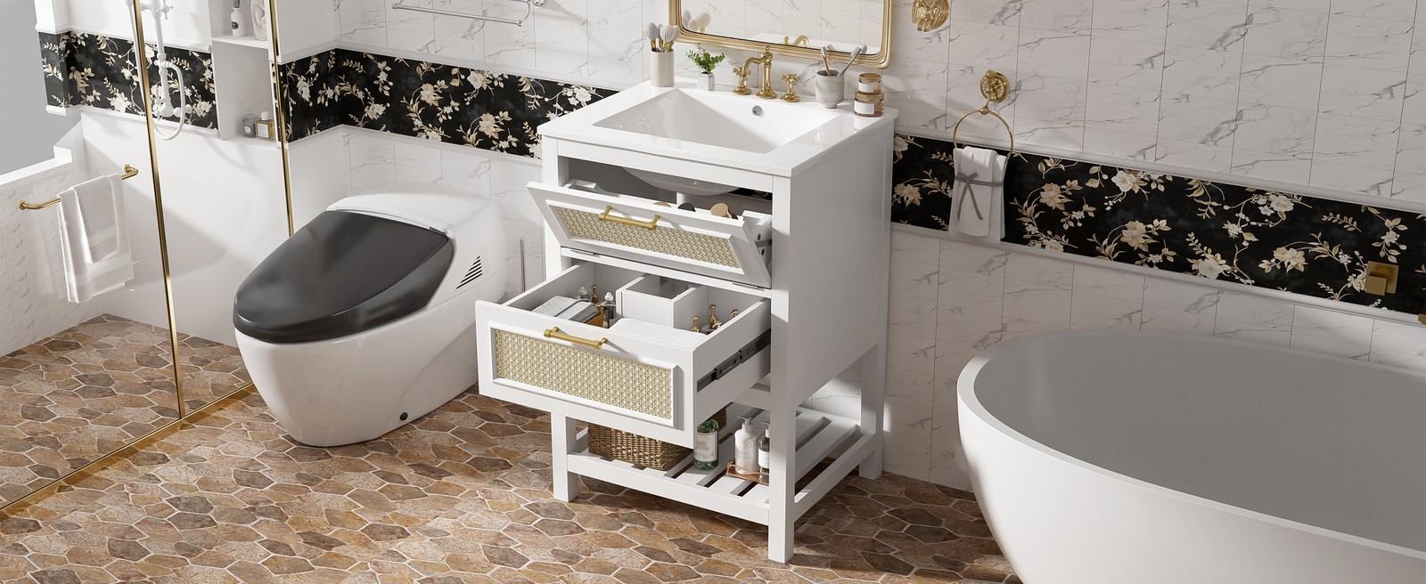 24″ White Bathroom Vanity with Ceramic Sink and 2 Drawers
