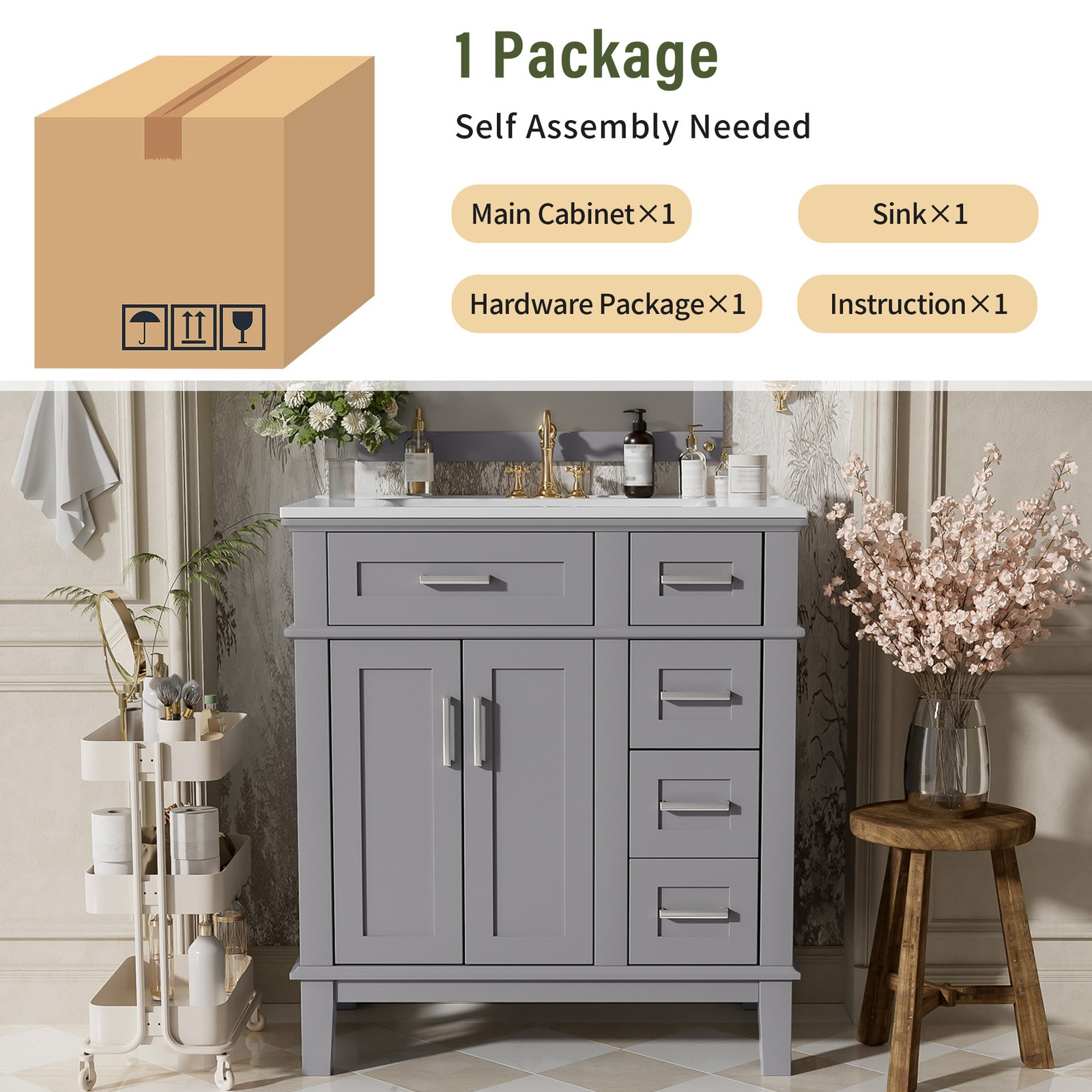30″ Bathroom Vanity w/Ceramic Sink, Modern Storage Cabinet w/Soft-Close Doors