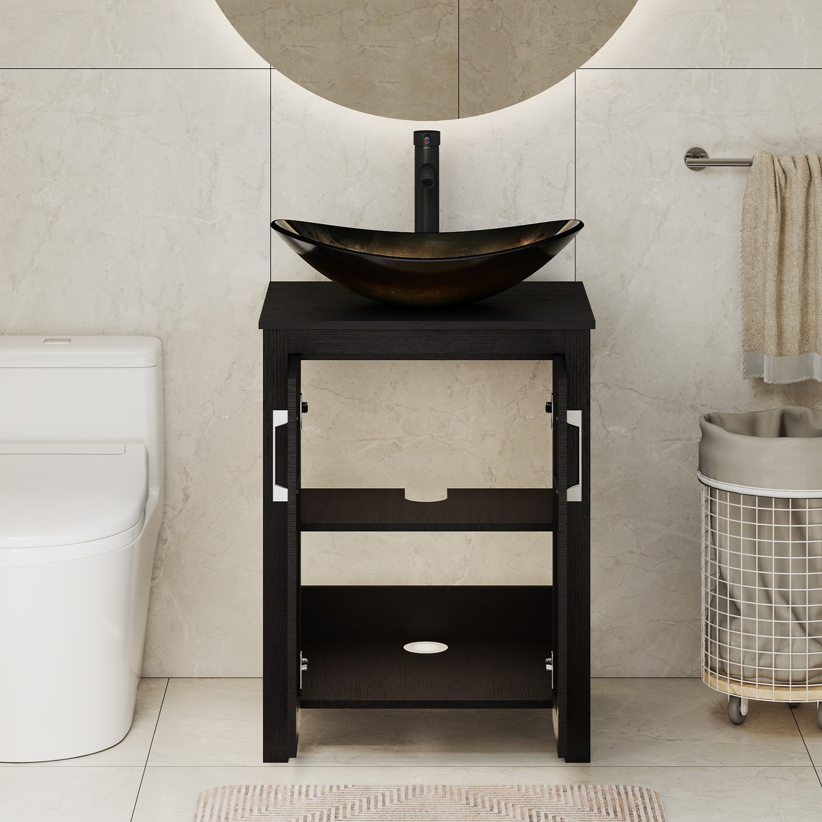 24 Inch Freestanding Black Bathroom Vanity Set Vessel Sink Faucet Pop Up Drain